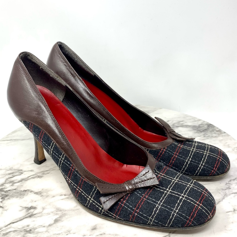 Isabella Fiori Tweed Wool Plaid Dainty Bow Pumps 10 Academia Retro Classic Fall - Picture 1 of 13